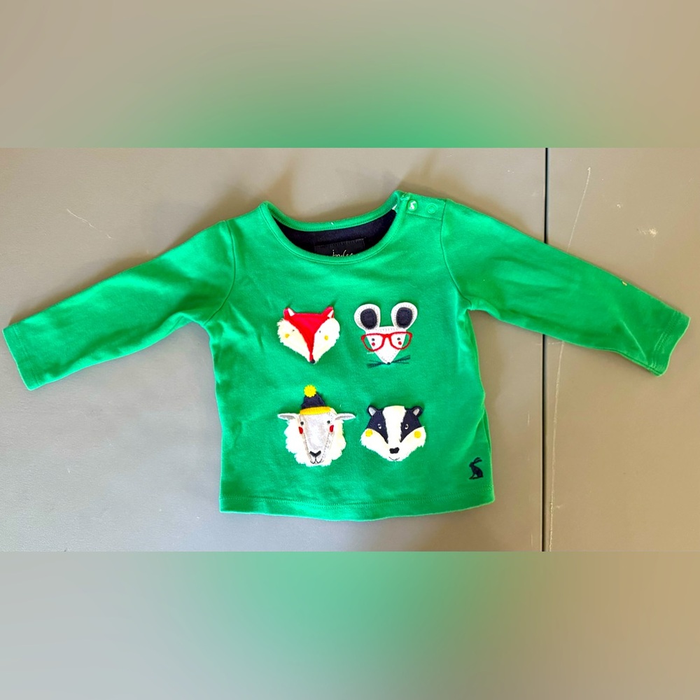 Joules Baby Boy Byron Green faces  3-6 Mo Long Sleeve Shirt